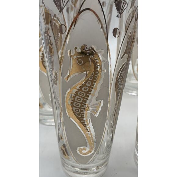 Vintage Signed Fred Press Gold Seahorse Collins Glasses Set Of 6 EUC - Picture 2 of 6